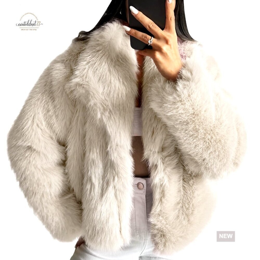 Faux Fur Jacket Cropped Lapel Button Down Winter Outerwear